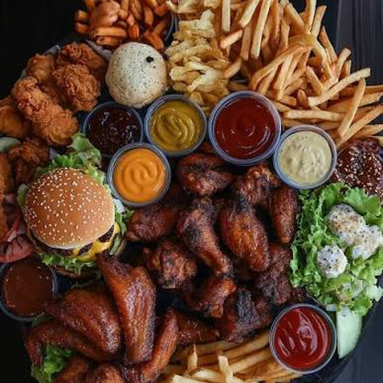 Fast food platter with burgers, fries, and dipping sauces