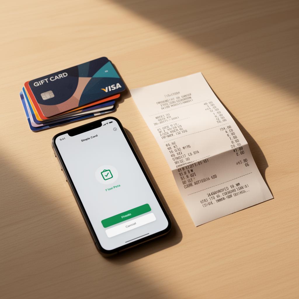 Gift cards, a phone showing a payout screen, and a takeout receipt